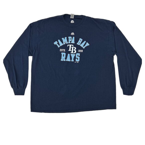 Majestic Shirt Men’s 2XL Blue Tampa Bay Rays MLB Long Sleeve Crew Neck - Picture 2 of 9